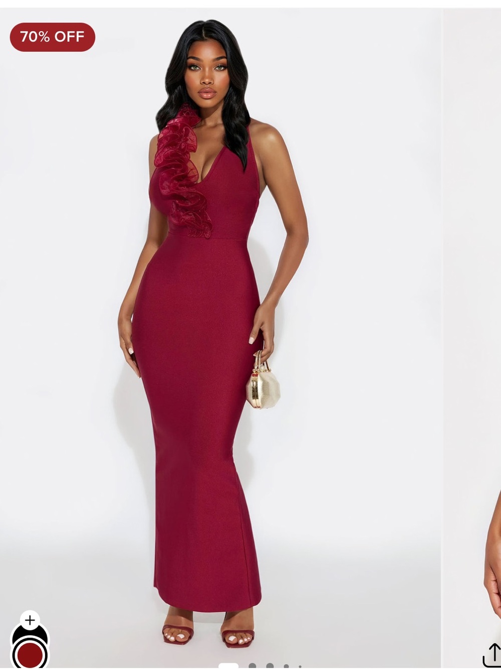 Fashion Nova Burgundy One-Shoulder Ruffle Maxi Dress